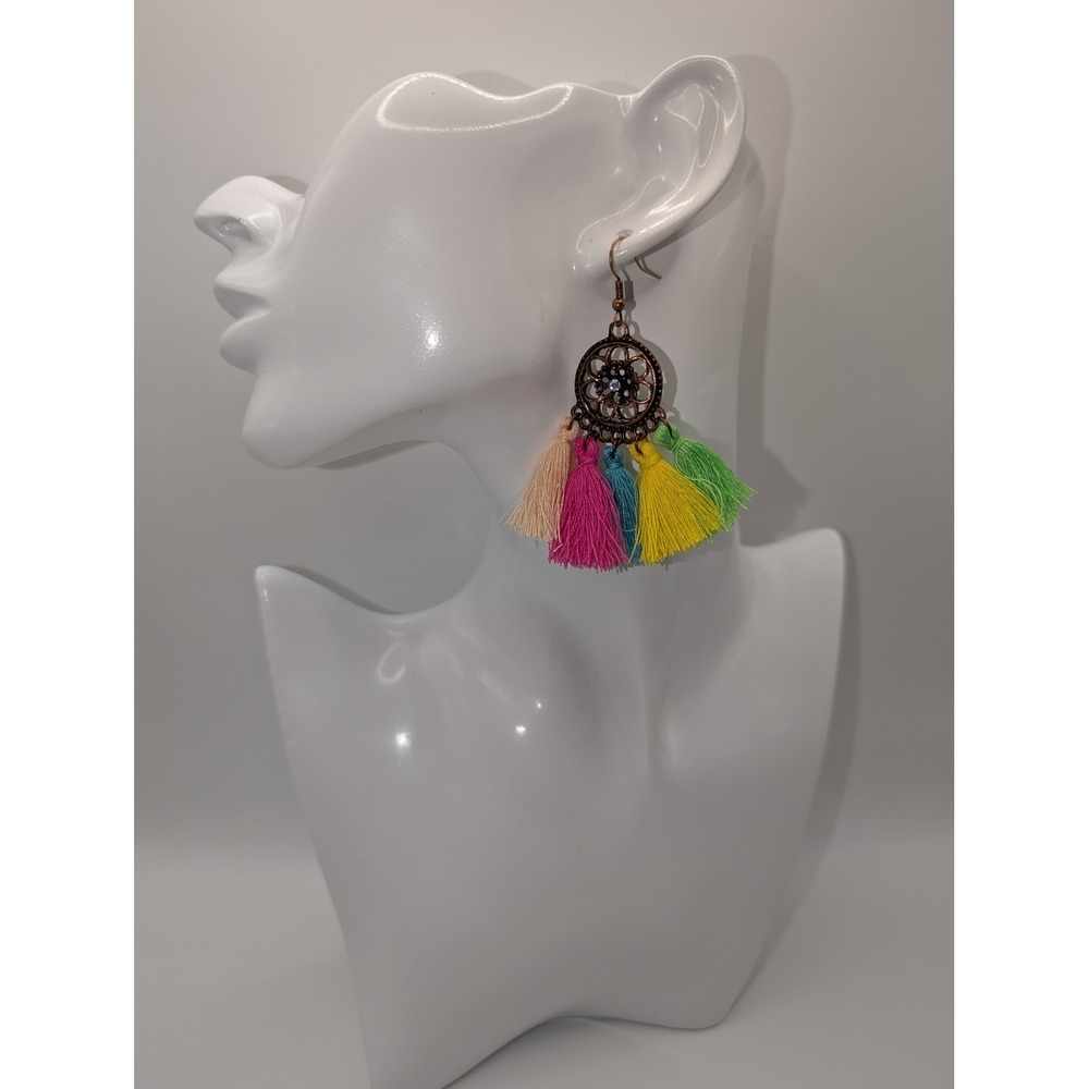 Handmade Rainbow Fringe Boho Embellished Circle Top Earrings Hook 3" NEW